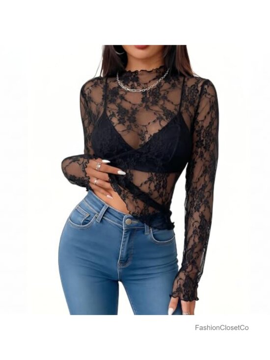 Tops - Women's Sheer Mesh Long Sleeve Lace Top Slim Fitted Blouse